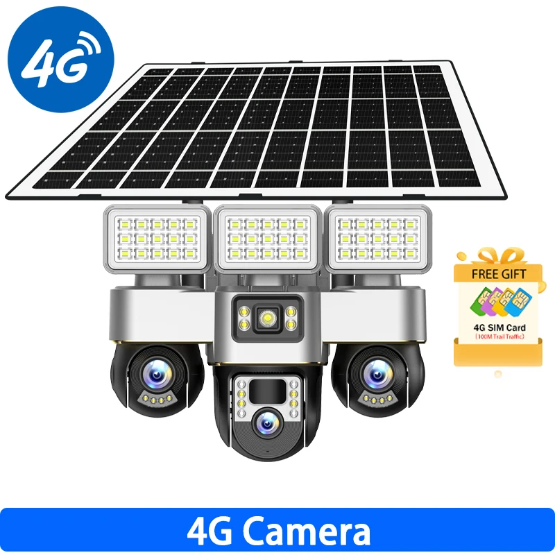 V380 15MP HD Solar Camera met drie lenzen Schijnwerper 4G Buitenbatterij Huisbewaking PTZ Rotatie Beveiligingscamera's