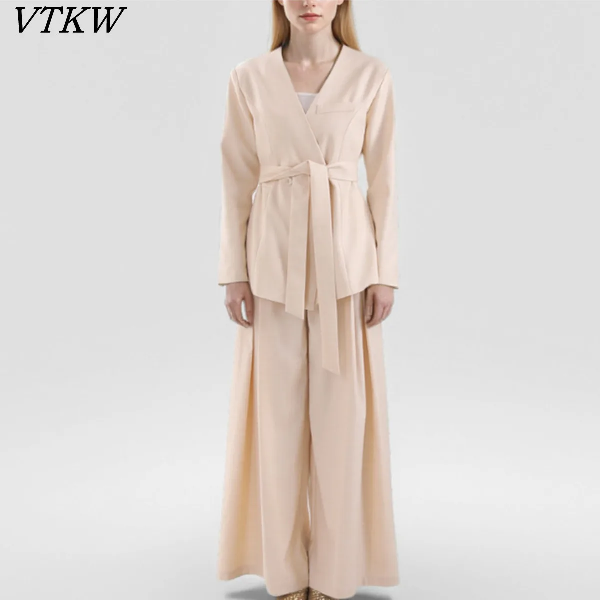 

VTKW 2026 New Arrival Women Two Piece Suit Wrap Blazer Self Tie Waist V Neck Long Sleeve Wide Leg Trousers Office Formal Outfit