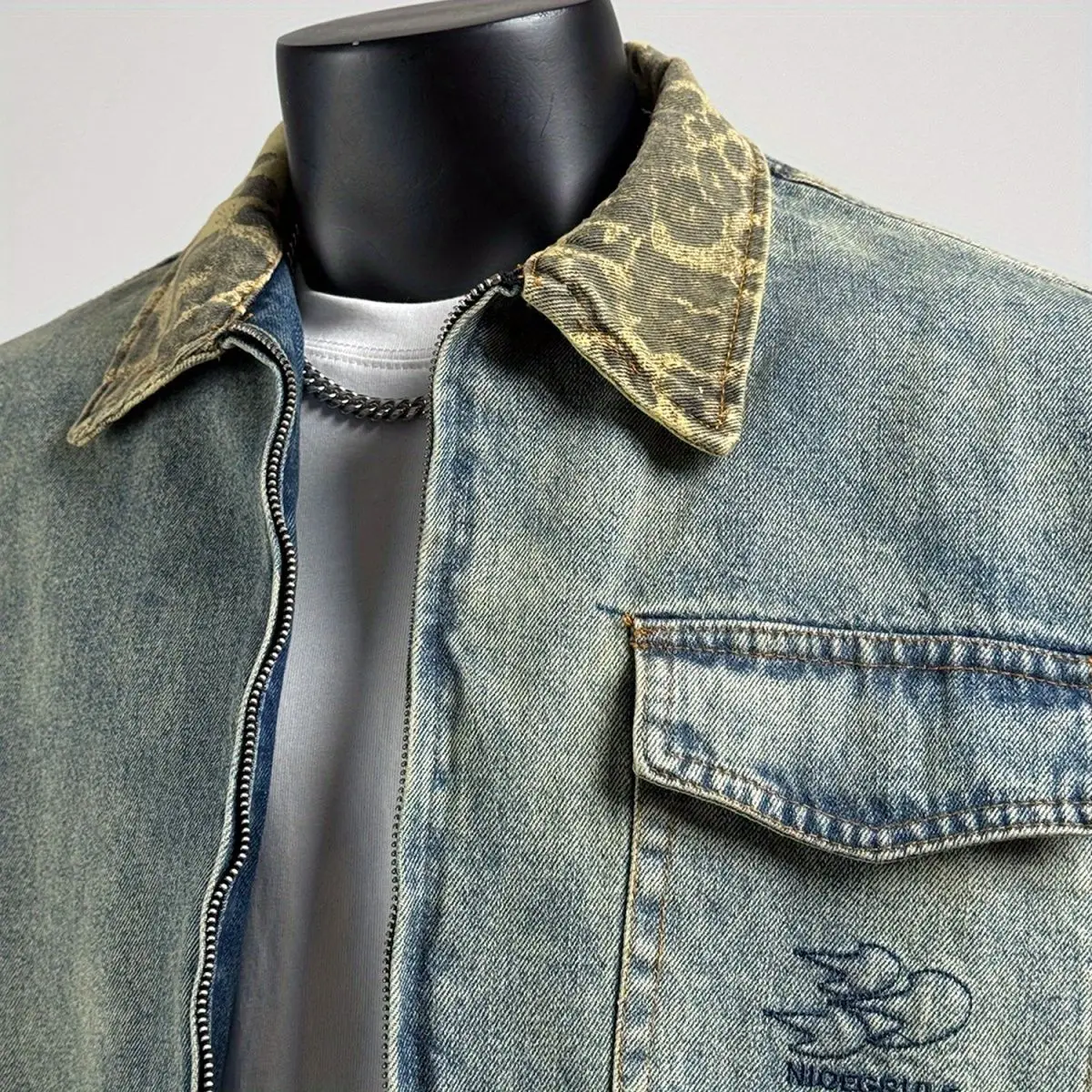 Japanese contrasting leopard print lapel denim jacket men's spring and autumn old washed retro jacket versatile tooling top