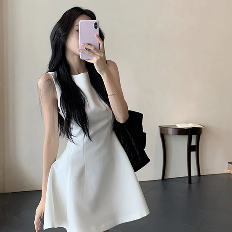 Abito Mini Tank elegante francese Office Lady Solid a-line senza maniche Party Temperament Slim Fit senza maniche Vest Dress