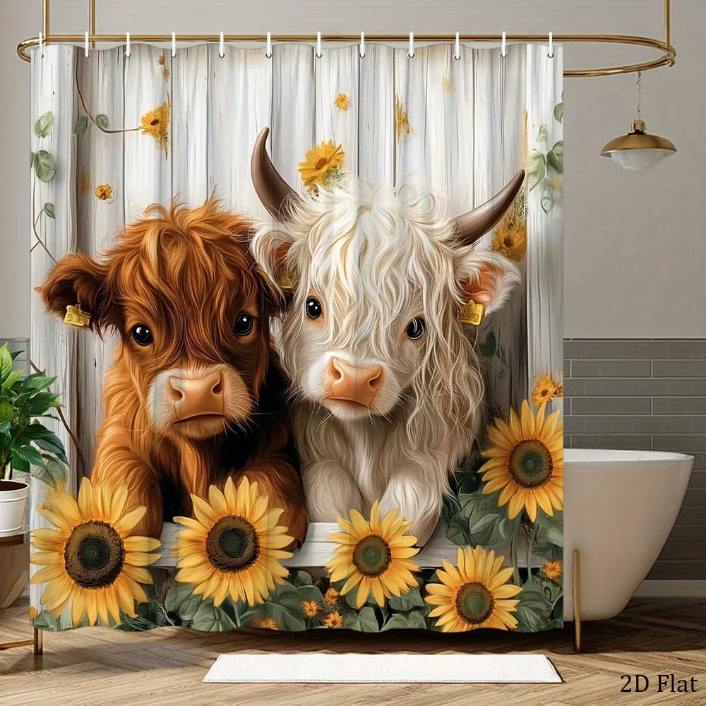 1pc a Fluffy Cow Shower Curtain Featuring Brown And White Highland Cattle with Yellow Wildflowers And a Rustic Fence, Made of Po
