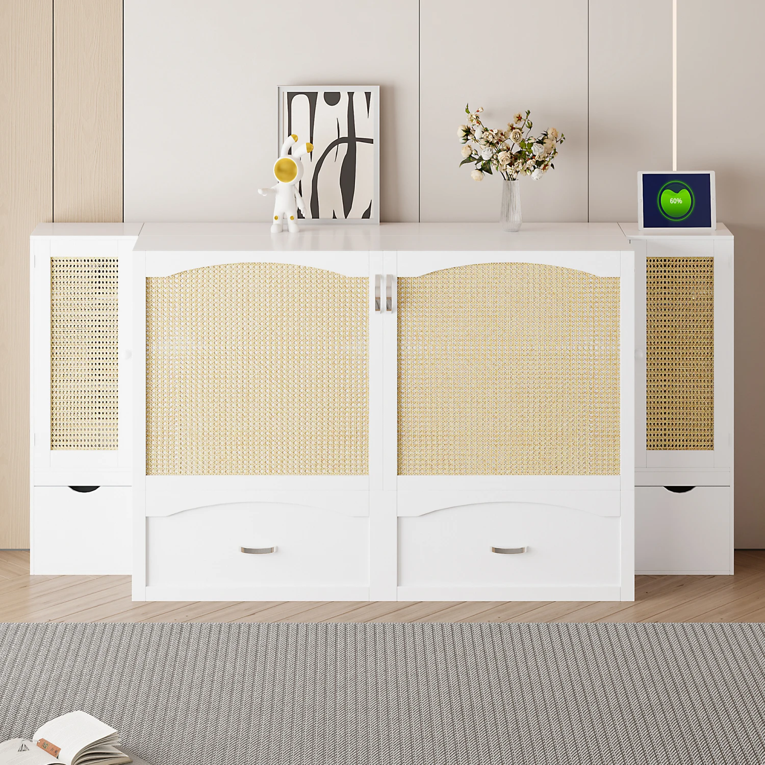 Queen Size Murphy Bed Wall Bed with Drawer, Rattan Decoration, 2 Storage Cabinets, Sockets & USB Ports, Pulley Design - White