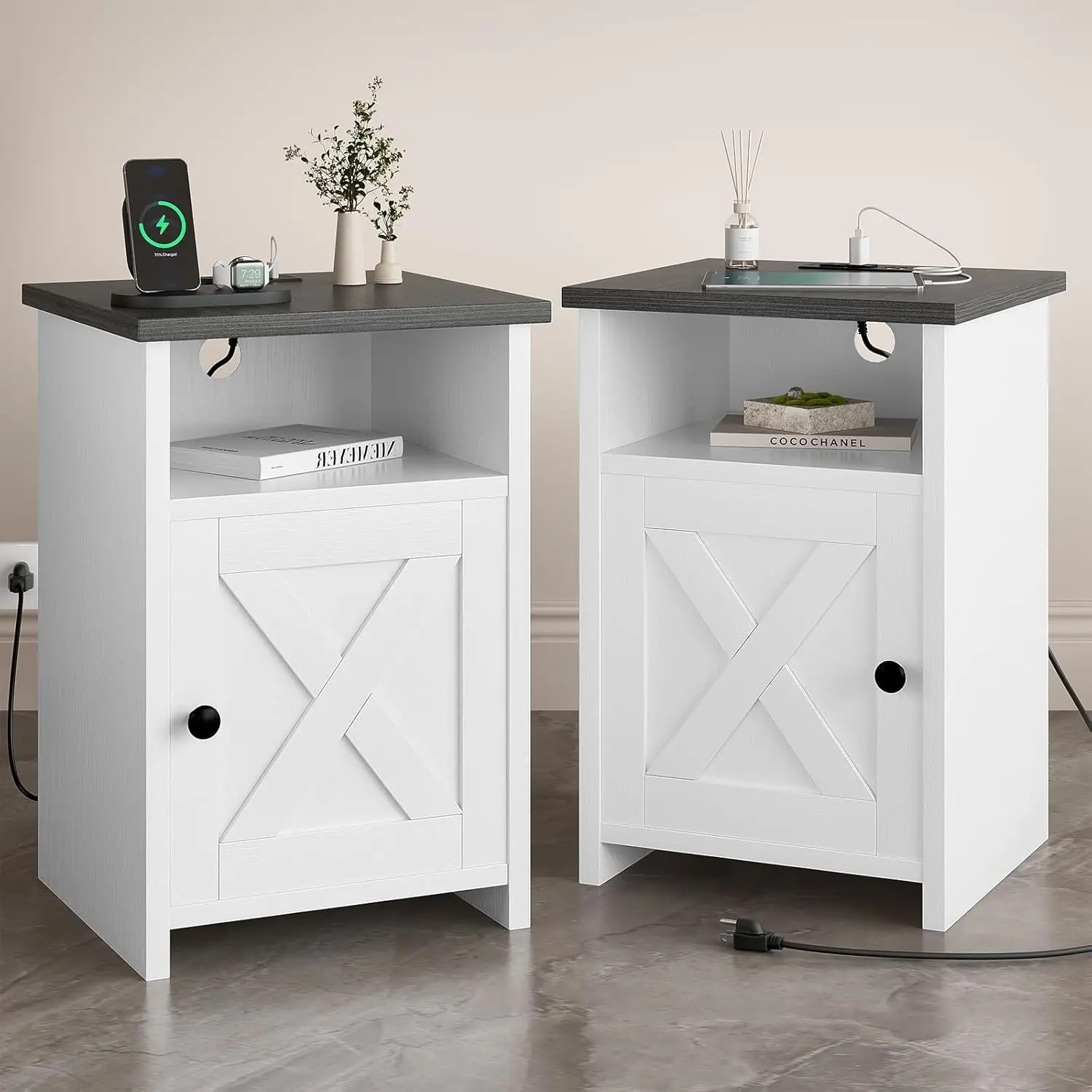 

Farmhouse Night Stand Set of 2 with Charging Station, USB & Power Outlets, Rustic White Bed Side Tables with Shelf for Bedroom,
