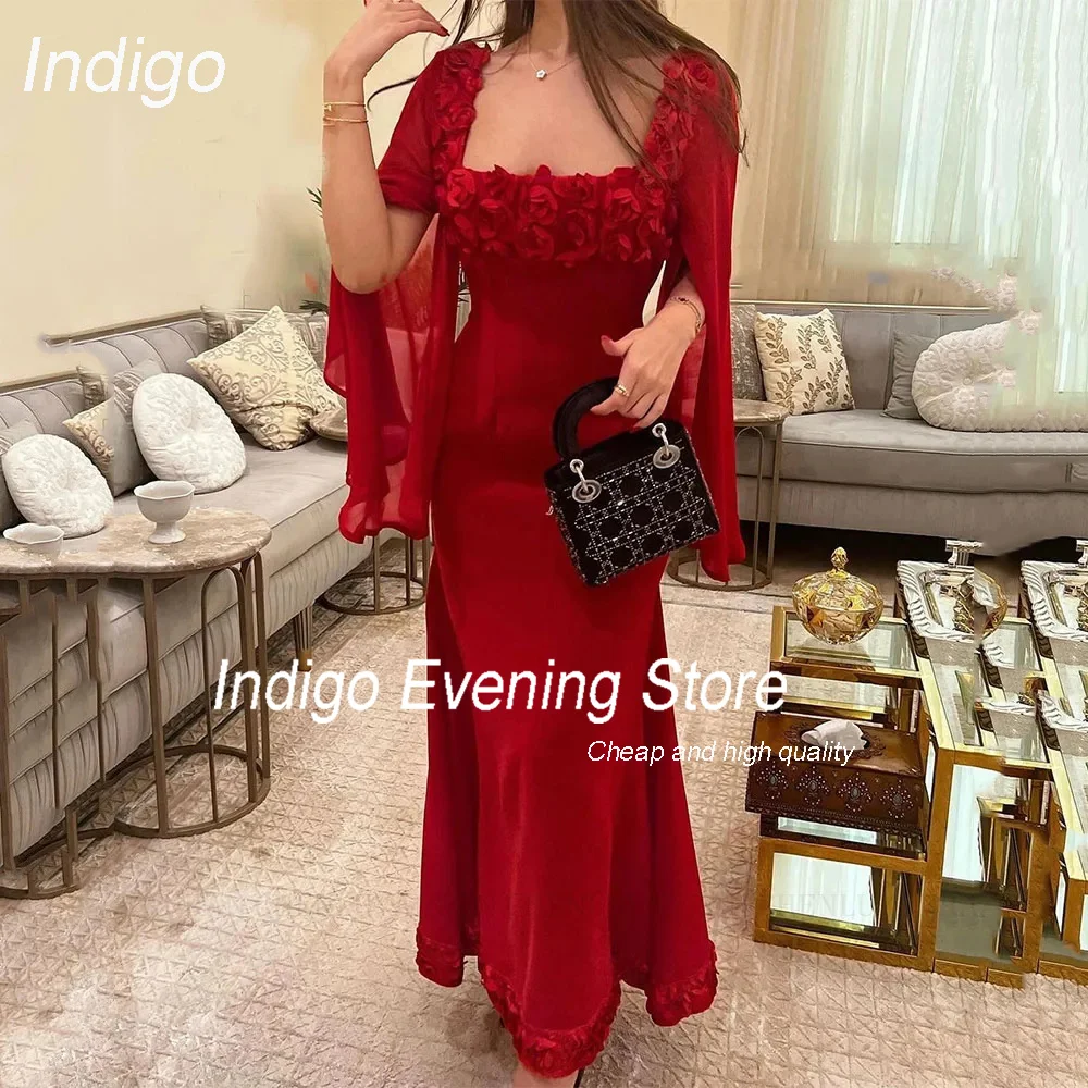 Indigo Elegant Evening Dress Square Collar Long Sleeve 3D Flowers Ankle-Length Party Prom Gown Formal فساتين السهرة Customized