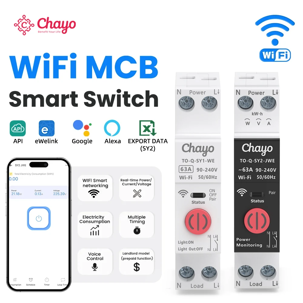 Chayo Ewelink WiFi Din Rail MCB Circuit Breaker, 63A 1P+N Smart Switch, Power Metering Timer Relay Supports Alexa Voice Control