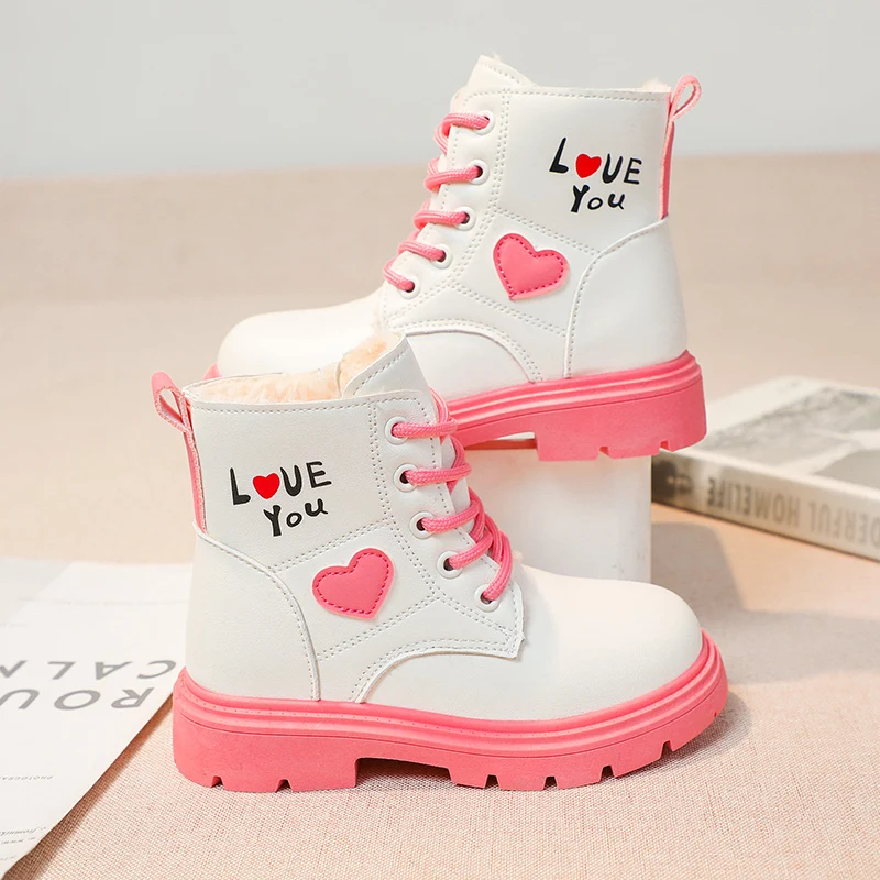 Girls Ankle Boots Fashion Princess PU Leather Rubber Outsole Children\'s Short Boots Autumn Winter Zipper Pink with Love Heart