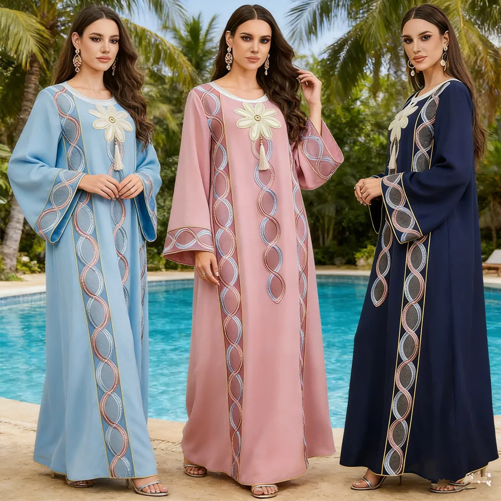 

Ramadan Dubai Abayas Women Embroidery Tassel Dress Muslim Abaya Turkey Kaftan Kebaya Caftan Marocain Femme Robe Islam Jalabiya