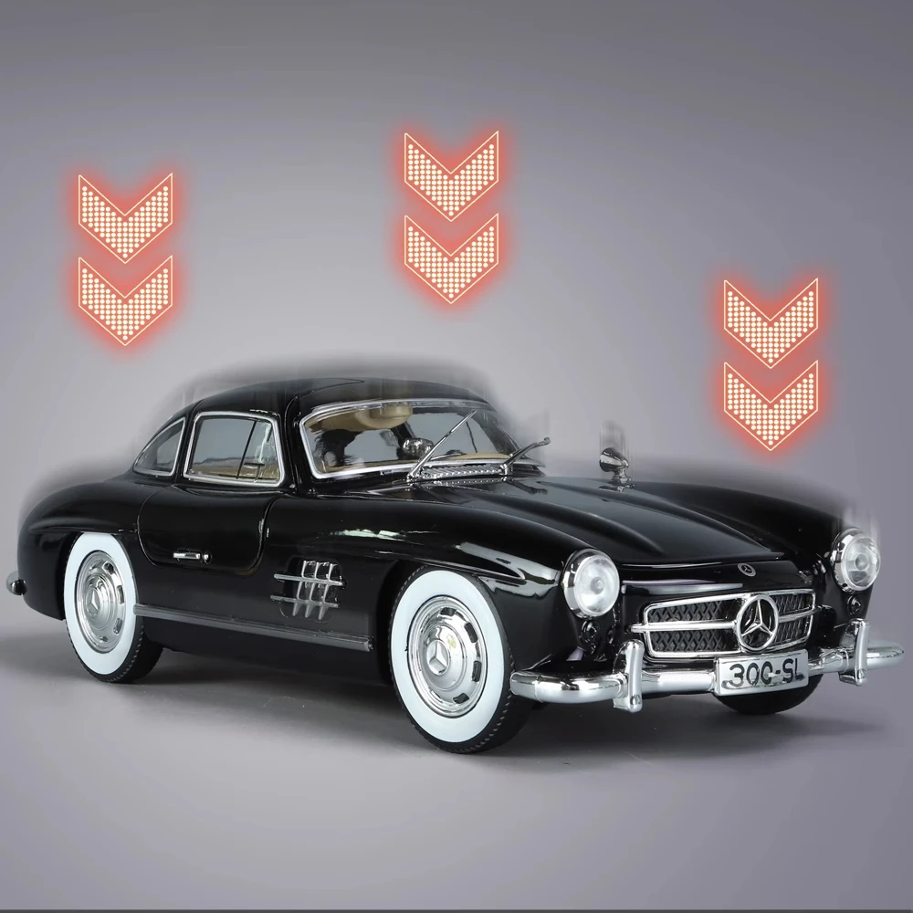 Coche de aleación Vintage Mercedes Benz 300SL 1:24, modelo con sonido y luz, juguete coleccionable para niños, regalo de cumpleaños