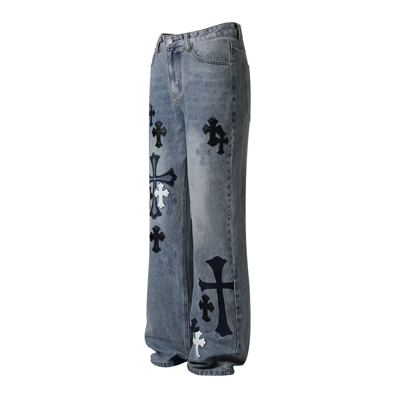 Men\'s Straight Jeans Vintage Hip Hop Four Seasons Casual Jeans Denim Loose Cross Embroidery Trend Street Pants For Men Women