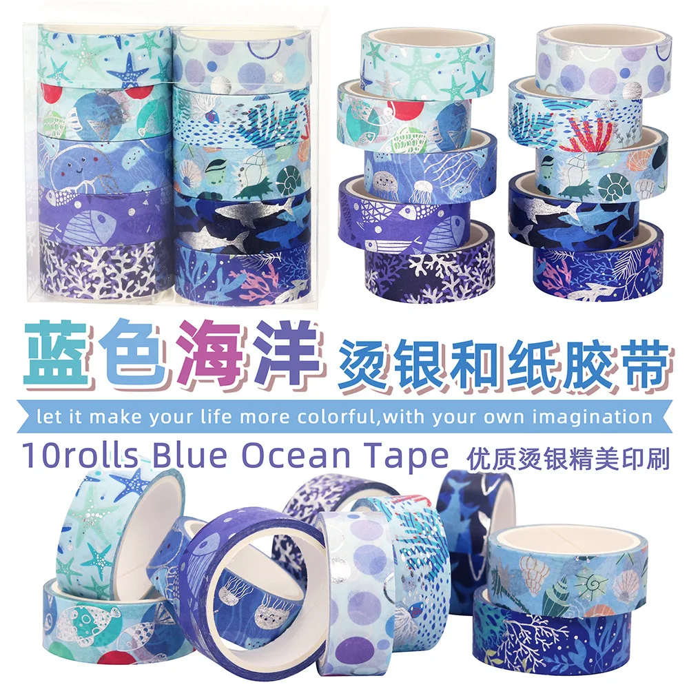 oceano azul dourado washi tape grupo scrapbooking faca voce mesmo jornal papelaria fitas de mascaramento arte deco suprimentos etiqueta do presente 10 pcs por conjunto 01