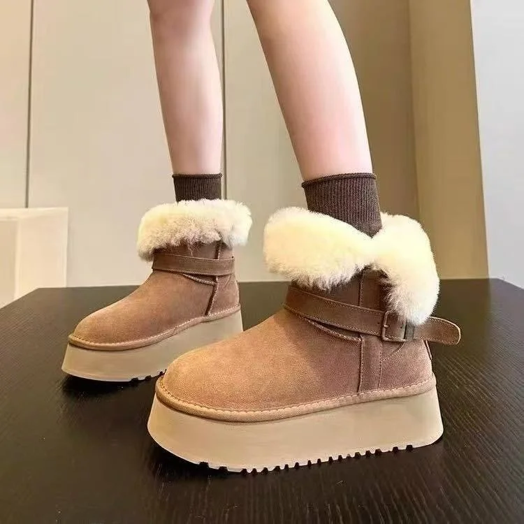 

Winter Thick Bottom Snow Boots Women's Fur Lined Flip Warm Cotton Shoes Two Wear Cotton Boots Short Tube Waterproof Plat...
