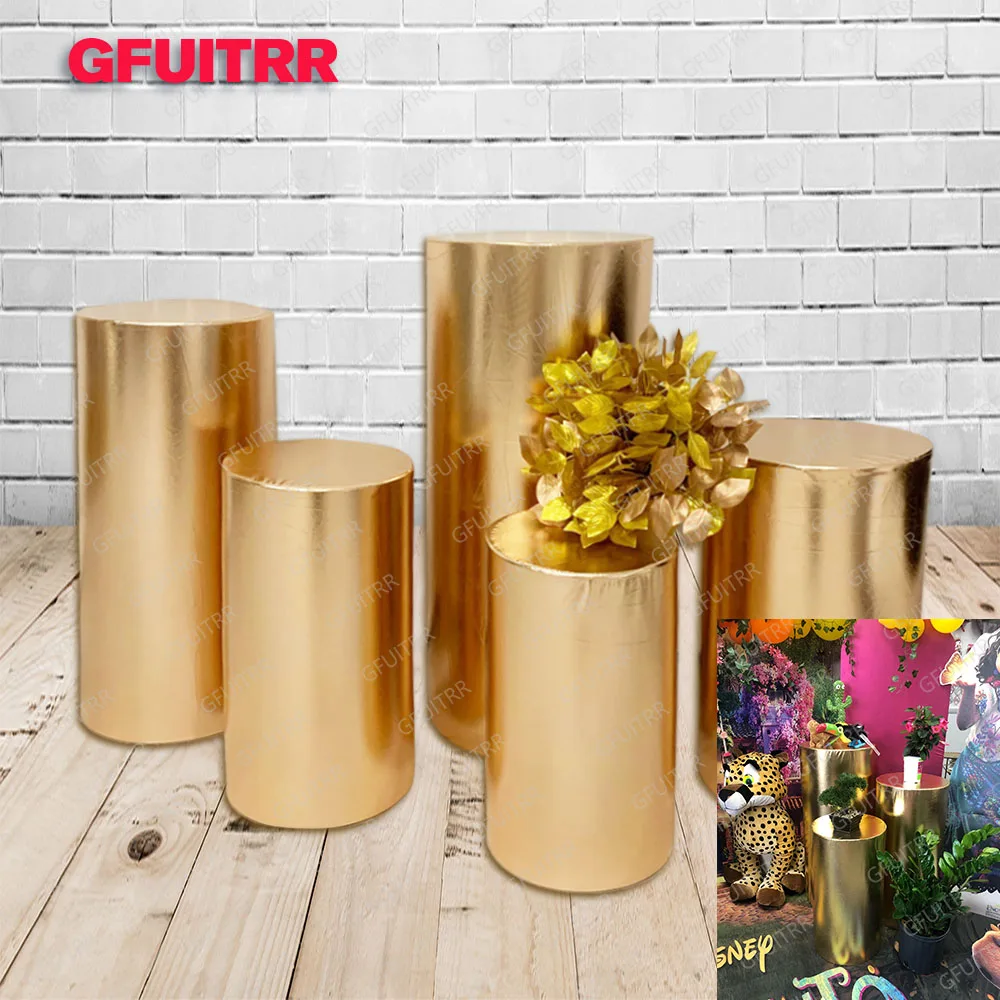 GFUITRR Gold Silver Shiny Metallic Fabric Stretch Cylinder Cover Wedding Happy Birthday Elastic Background Rainbow Photo Props