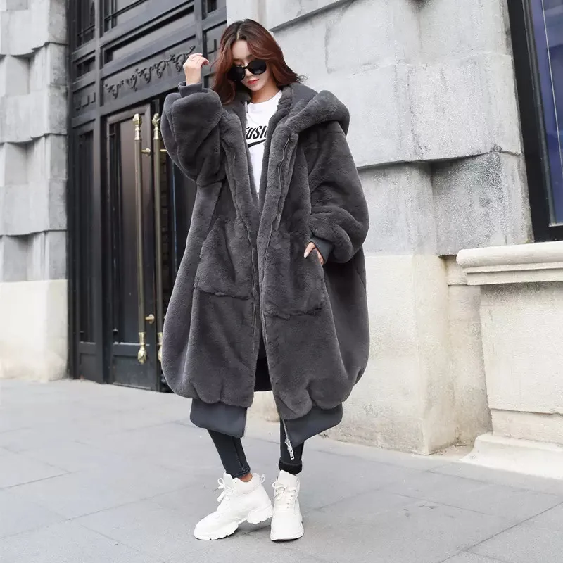 Autumn Winter New Faux Rex Rabbit Hair Coat Women Korean Thick Hooded Zipper Long Plush Fur Jacket Female Loose Overcoat H2664