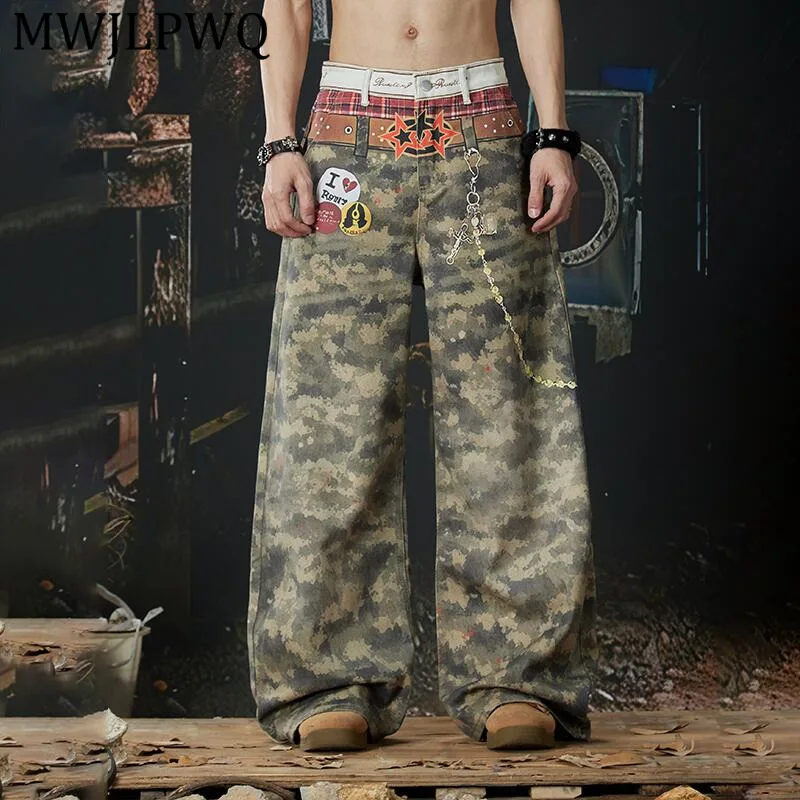 

Мужские новые джинсы MWJLPWQ с принтом, серые, с двойным поясом, в стиле ретро, камуфляжные, свободные, повседневные, широкие брюки, модель 14158