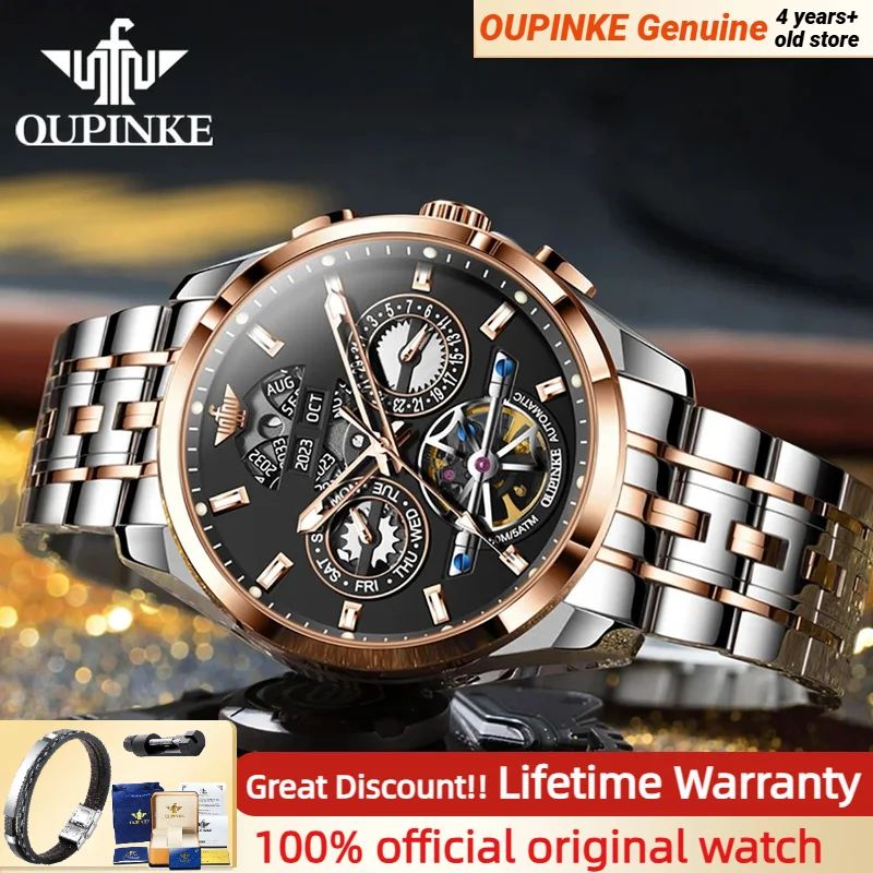 OUPINKE 3251 Original automatische Herrenuhr, multifunktionales Skelett, wasserdicht, hochwertige mechanische Uhren für Herren