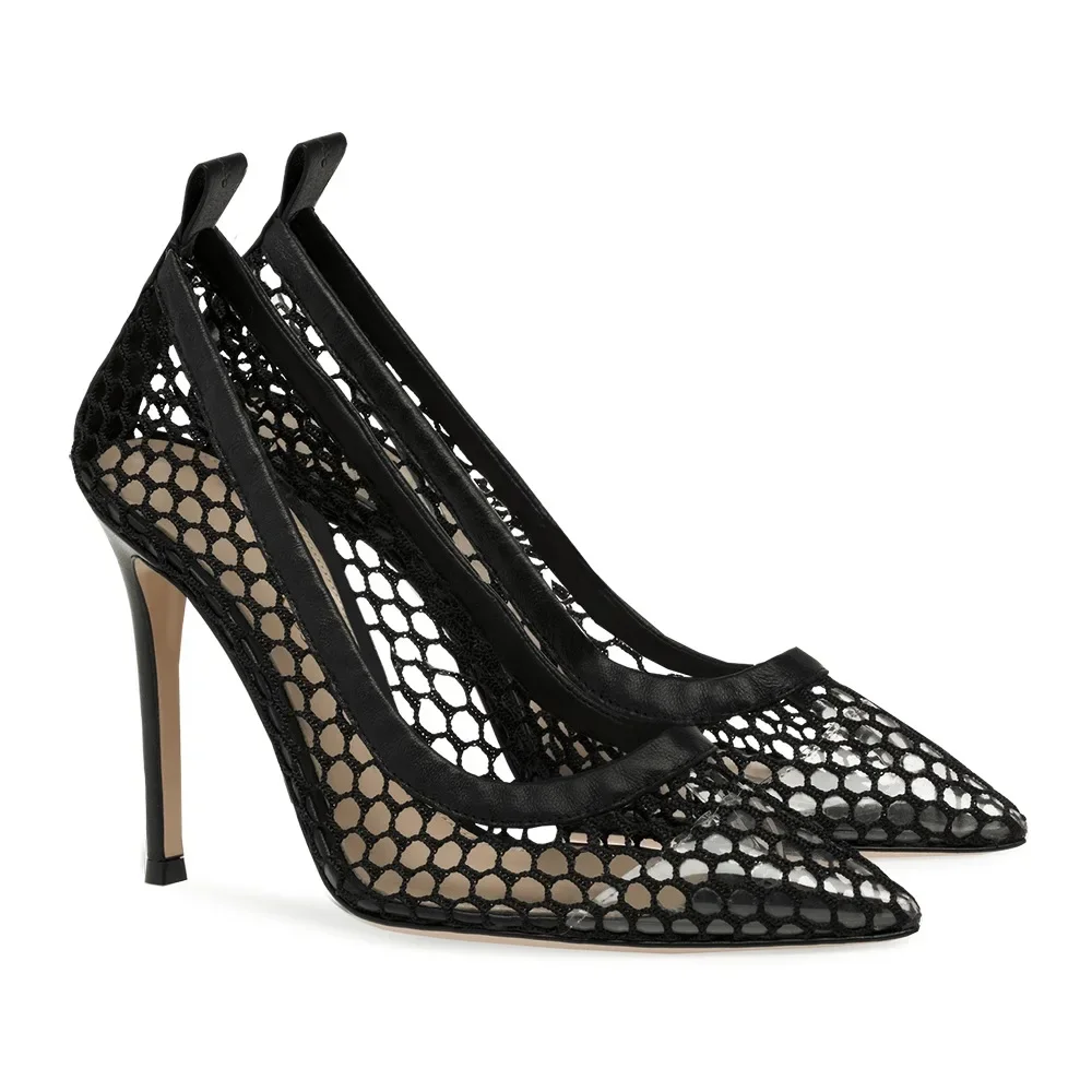 

Black Mesh Hollow Out Women Single Shoes Slip-On Stiletto Heels Tacones Pointed Toe Ladies Shoes Stiletto Heels Sapatos Feminino