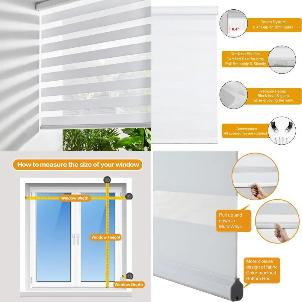 

Cordless Zebra Pattern Roller Blinds - 32 W x 72 H White, Day and Night Light Control, Free-Stop Feature
