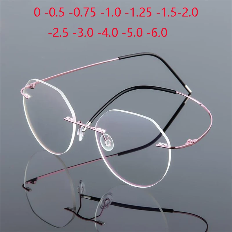 Titanium Alloy Foldable Leg Polygon Nearsighted Glasses Metal Rimless Anti-blue Light Prescription Spectacles 0 -0.5 -0.75 To -6