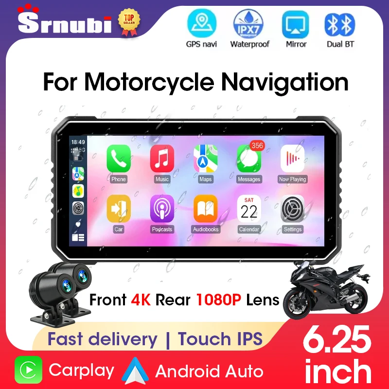 

6.25 inch Motorcycle Carplay Screen Navigation 4K+1080P DVR Wireless CarPlay Android Auto Drive Recorder Waterproof Moto Monitor