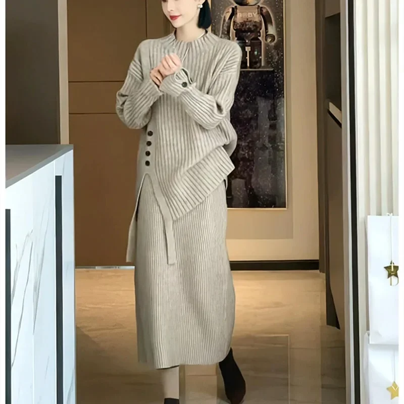 Autumn Winter Women's Knitted Skirt Suits Fashion Casual Loose Oversized Irregular Pullover Sweater Long Skirt 2pcs Matching Set