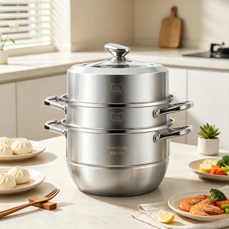 30cm 3 Tier 304 Stainless Steel Steamer Pot Thickened Double Bottom Soup Stockpot for Gas Induction Family Daily Meal Prep 찜솥