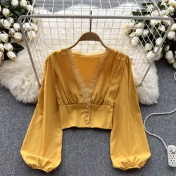 Women Chic Tank Top Slim Basic Sexy Korean Fashion V Neck Lantern Sleeve Top Summer Women Blouse