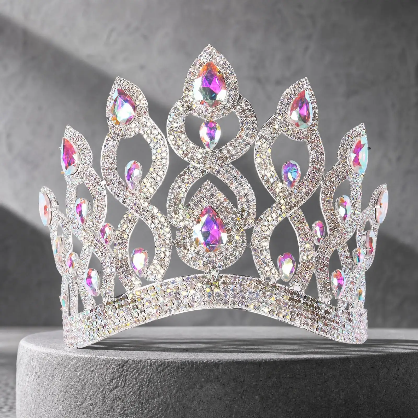 Crown-Style Headband with Rhinestones Iridescent Openwork Crown Tiara Bright Silver-Tone Gem-Adorned Tiara for Women, Brides,