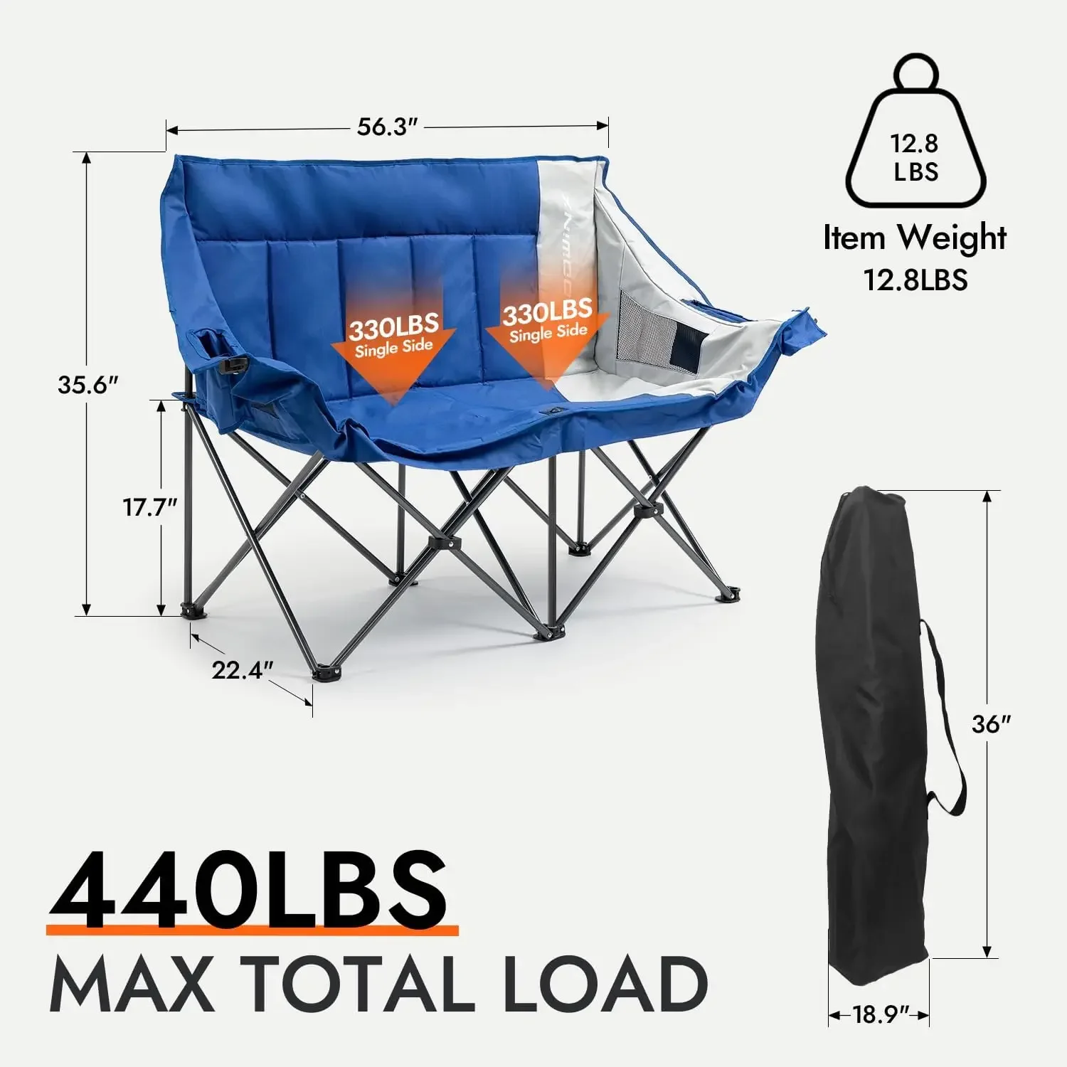 Double Camping Chair Portable Folding Outdoor Loveseat with Side Pockets, Lawn Chair Camping Couch for Beach/Outdoor/Patio, Padd