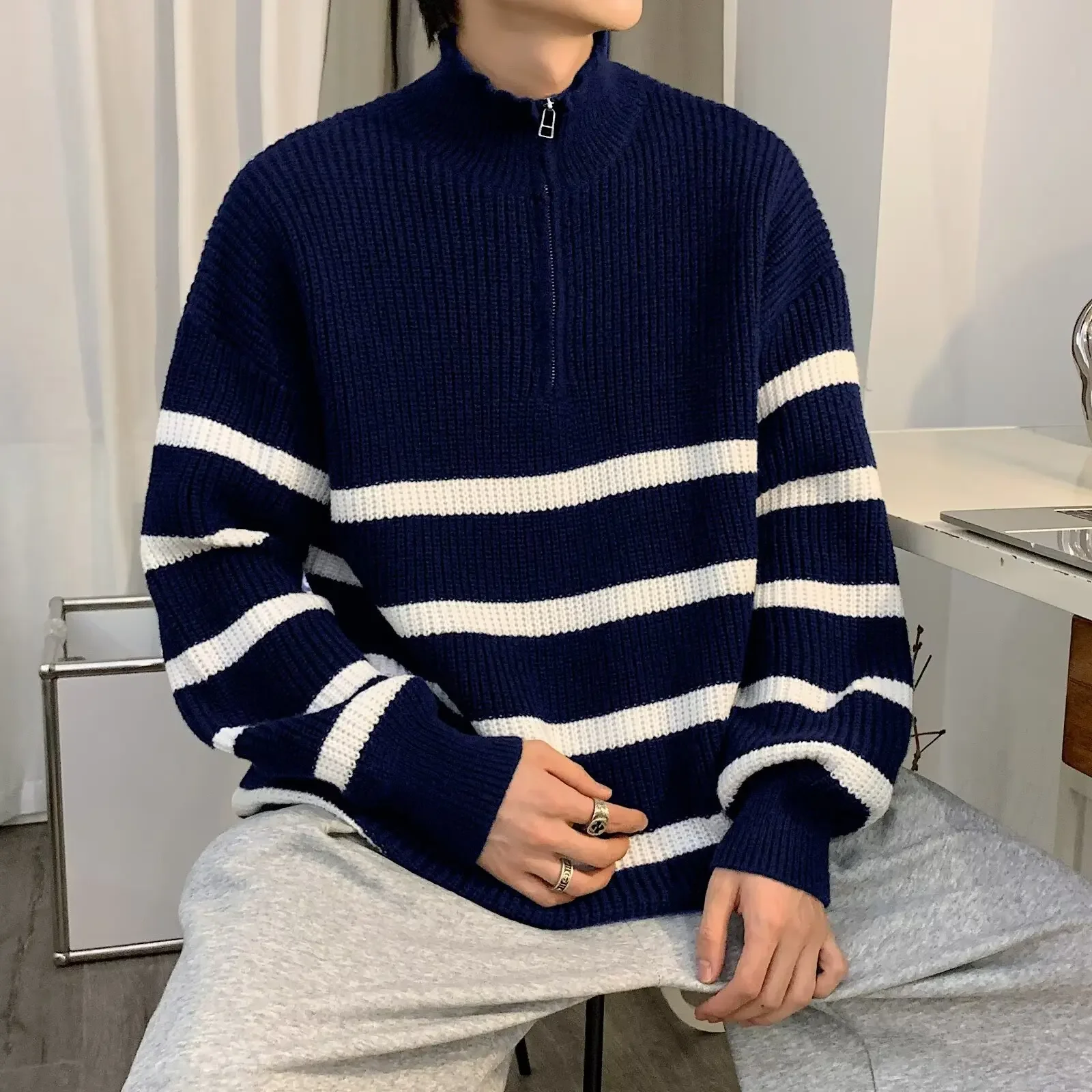 

Pop New Autumn Zipper Pullover Sweaters For Men Half Zipper Warm Sweatshirt Stand Collar Cotton Knitted Sweater
