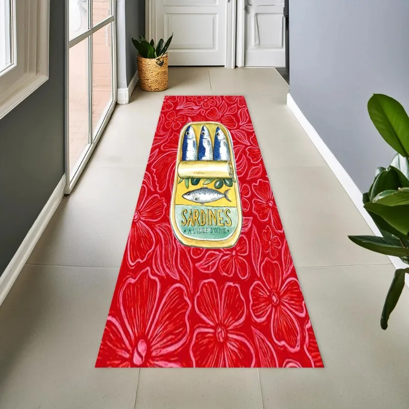 Retro Canned Sardine Long Runner Rug Non Slip Flannel Hallway Floor Mat Artistic Ocean Print For Kitchen Corridor Entryway Decor