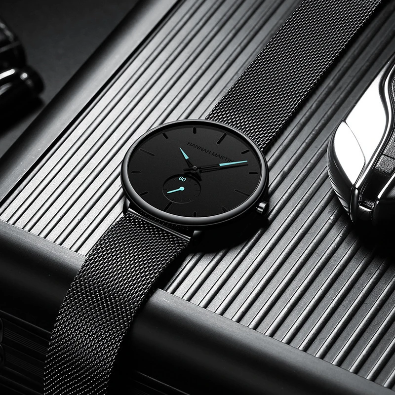 Hot Selling Black Ultra Thin Leisure Chronograph Stainless Steel Mesh Vertical 3ATM Waterproof Japan Movt Quartz Watch