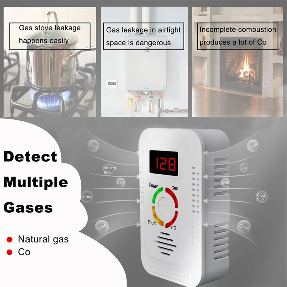 Natural Gas Detector and Carbon Monoxide CO Detector,Combustible Gas Detector Monitor for Co, Methane in Kitchen-EU Plug