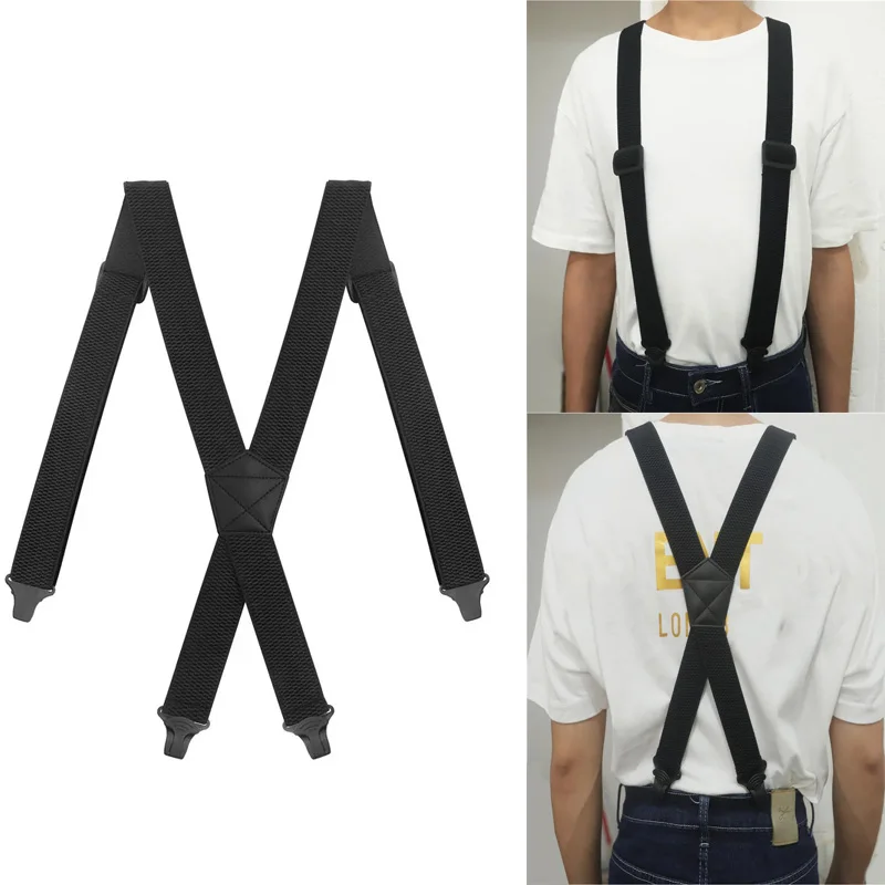 Heavy Duty Outdoor Suspenders for Men 3.7cm Wide X-Back with 4 Plastic Gripper Clasps Adjustable Elastic Trouser Pants Braces