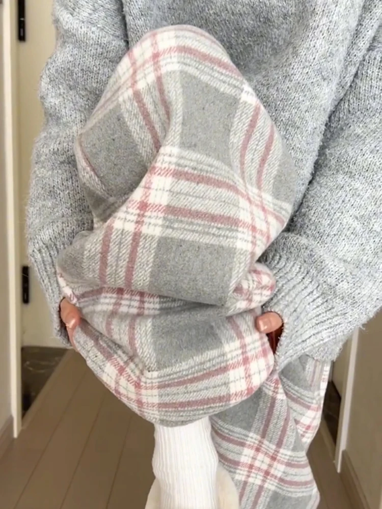 فضفاض الصوف بنطال ذو قصة أرجل واسعة عالية الخصر مستقيم قطع منقوشة كسول Sle الخريف الشتاء المرأة بناطيل كاجوال العلامة التجارية الصينية #1