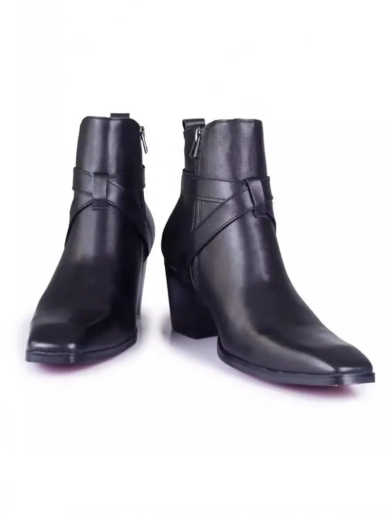 British Style Cowskin Genuine Leather Chelsea Boots Men Fashion Zipper Design Black High Heel Square Toe High Top Shoes Male