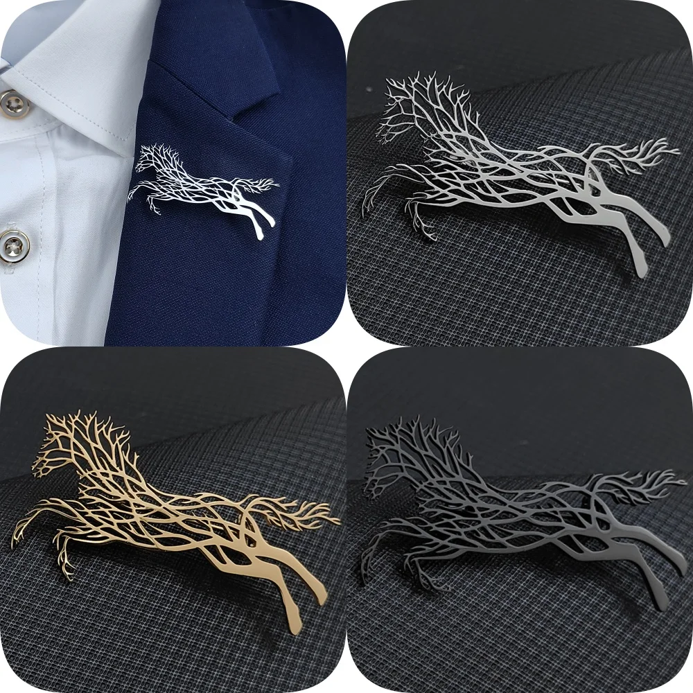 New animal branch horse hollow stainless steel gold-plated brooch, men's lapel pin black, silver suit badge set