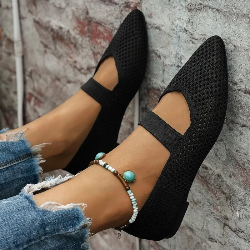 Women's Flats Pointed Toe Mesh-Look Texture Slip-On Casual Shoes with Elastic Instep Strap Daily Walking Footwear Classic Design