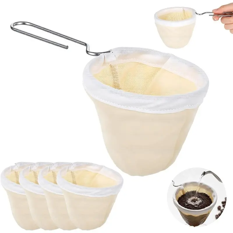 B50C Coffee Filters Cloth 5Pcs Reusable With Stainless Steel Handle, Coffee Strainer& Filter Sock