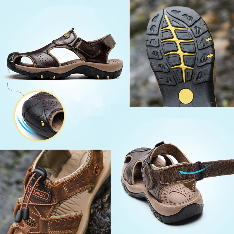2024 New Genuine Leather Sandals Men Summer Outdoor Beach Crash-Proof Toe Sandals Fashion Slippers Casual Shoes Large Size