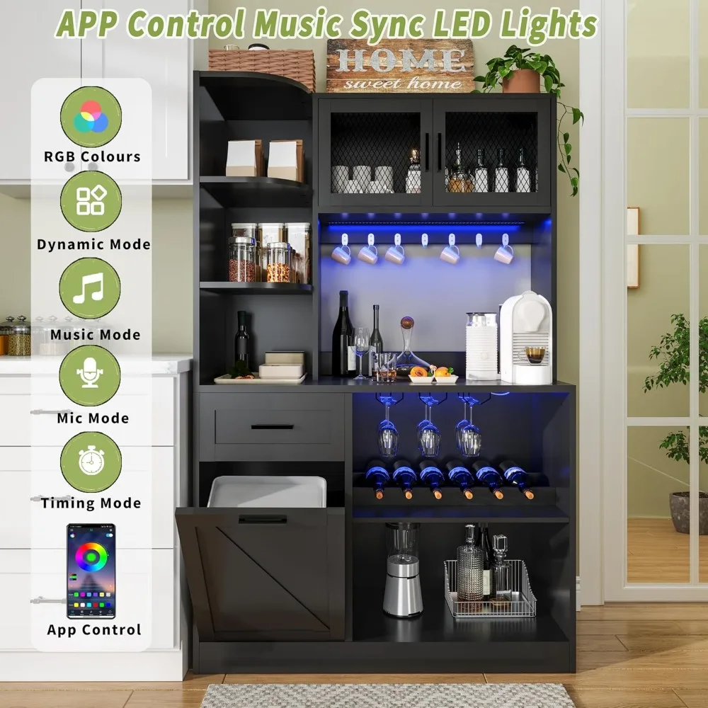 67.3" Tall Modern Black Kitchen Pantry Storage Cabinet with Drawer and Shelves, Tilt Out Trash Can, Coffee Bar Wine Cabinet with