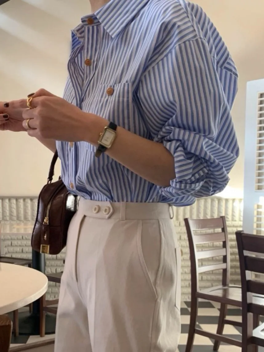 Retro a righe casual irt da donna inizio autunno nuovo allentato versatile fidanzato Sle Ele Top versione coreana pendolari Sle