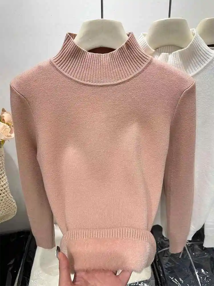 محبوك سترة المرأة البلوفرات الجديدة طويلة الأكمام وهمية الرقبة الصوف مبطن سميكة متماسكة سترة البلوز النساء بلايز البلوزات Q1133