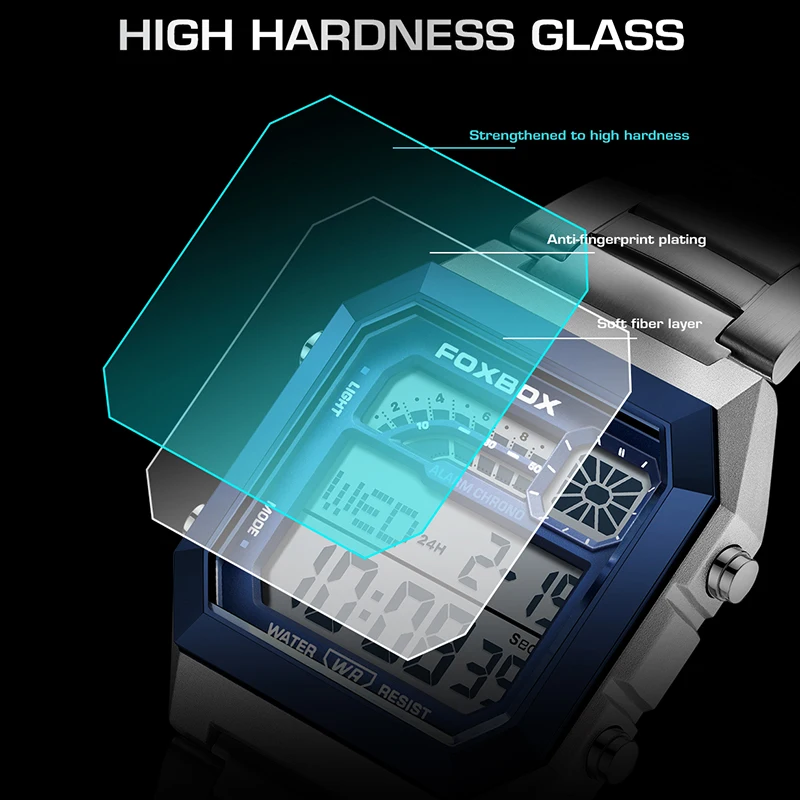 ساعات FOXBOX Fashion Square الرقمية للرجال رياضية عسكرية مقاومة للماء كوارتز للرجال كرونوغراف من الفولاذ المقاوم للصدأ