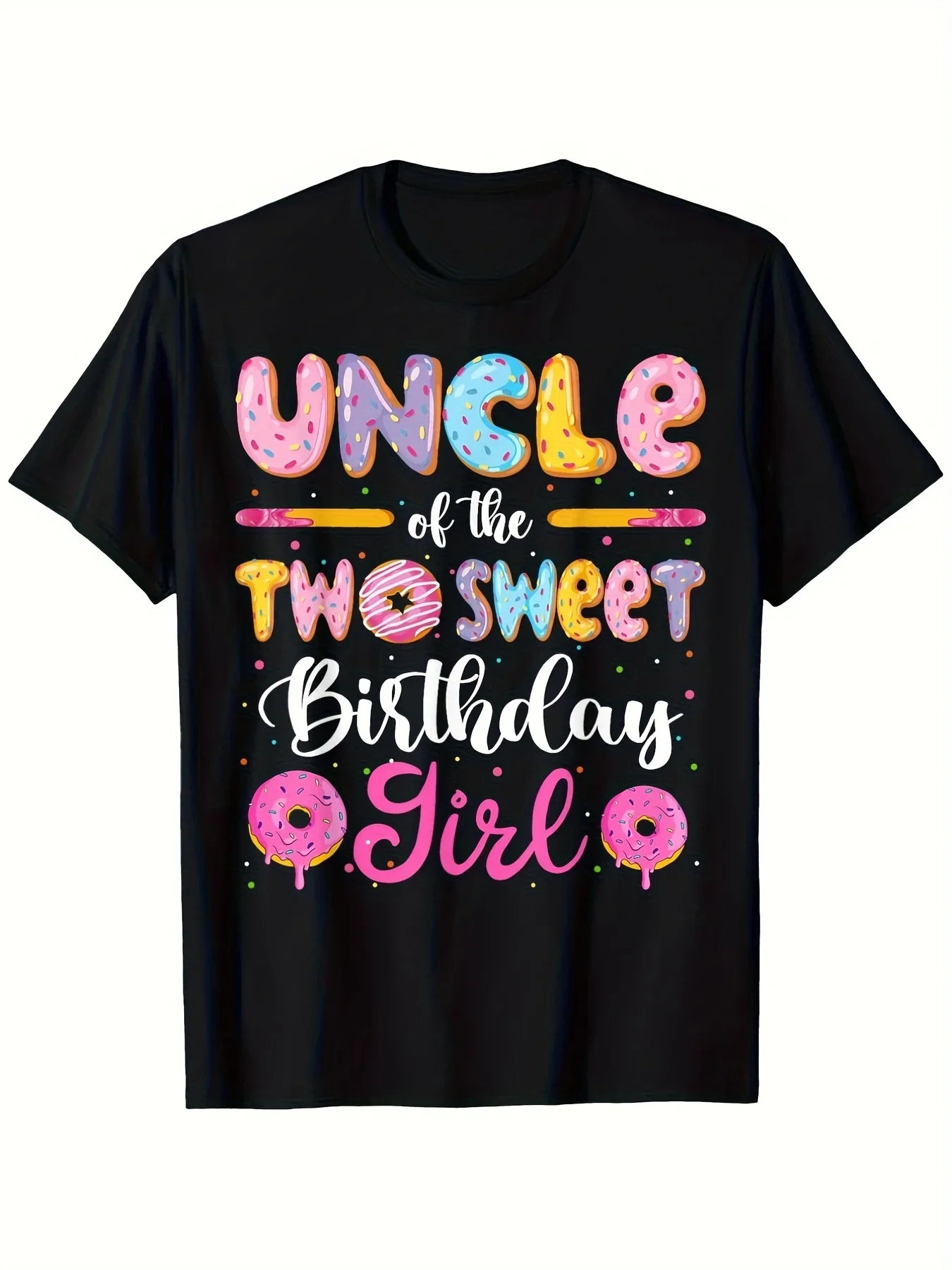 Mens Funny Uncle of Two Sweet Birthday Girls Donut T-Shirt Cotton 180gsm Loose Fit Casual Tee with Color-Coded Donut Number Design for 2nd Birthday Party Outfit Family Matching Outfits Same Style for Men and Women 2025-2026 Summer Short-sleeved