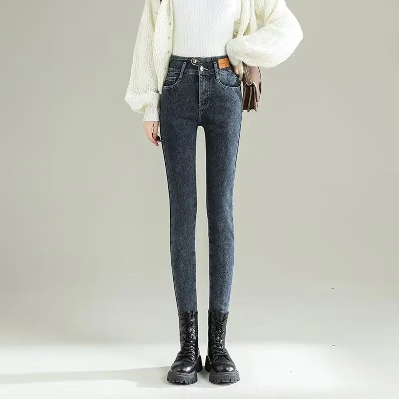 

Синие облегающие джинсы с высокой талией на флисовой подкладке, эластичные, из денима, женские, повседневные, прямого кроя, классическая модель