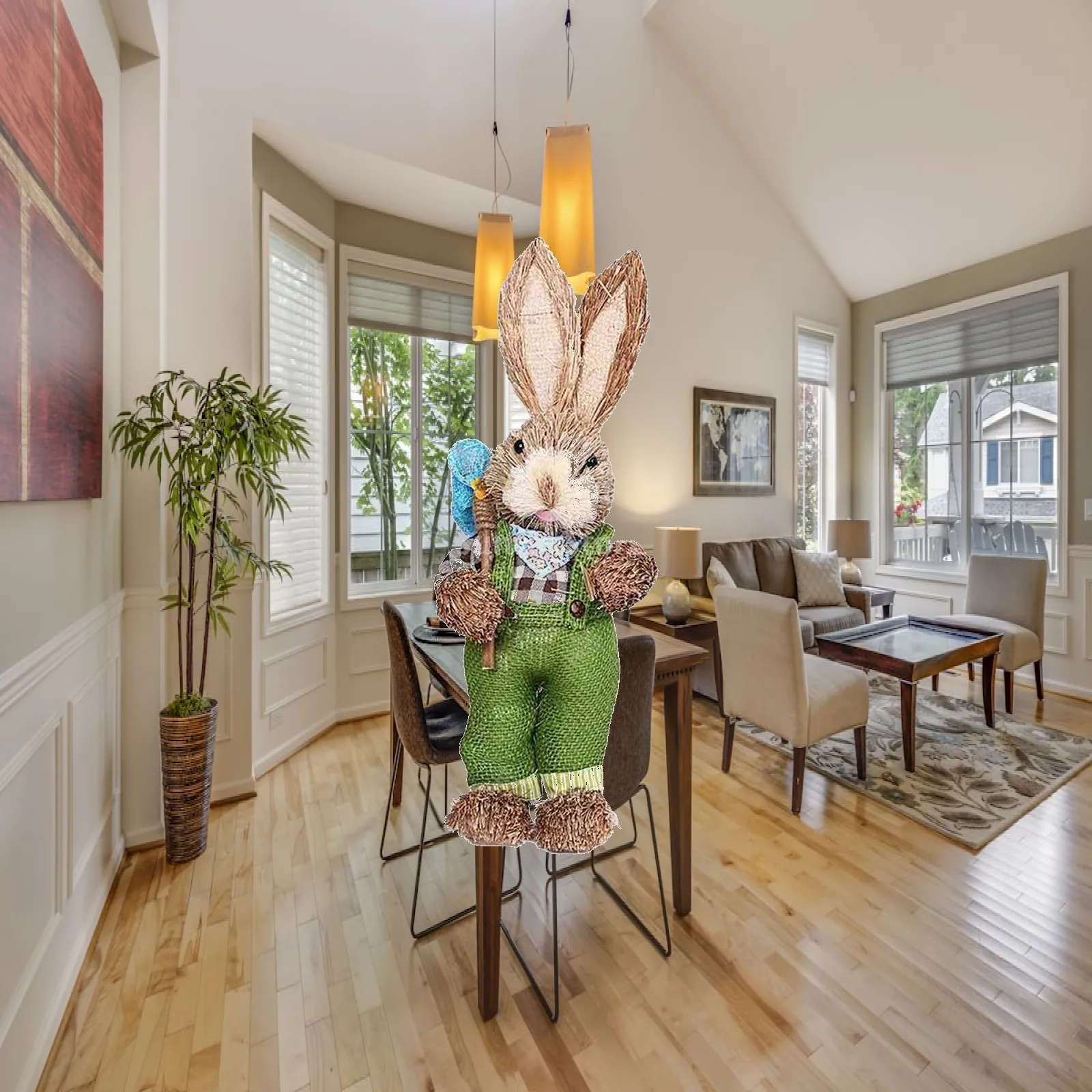 Easter Bunny Figurine Sculpture Papyrus Foam Cloth Rabbit Statue Home Desk Decor Table Centerpiece Spring Shelf Ornament for