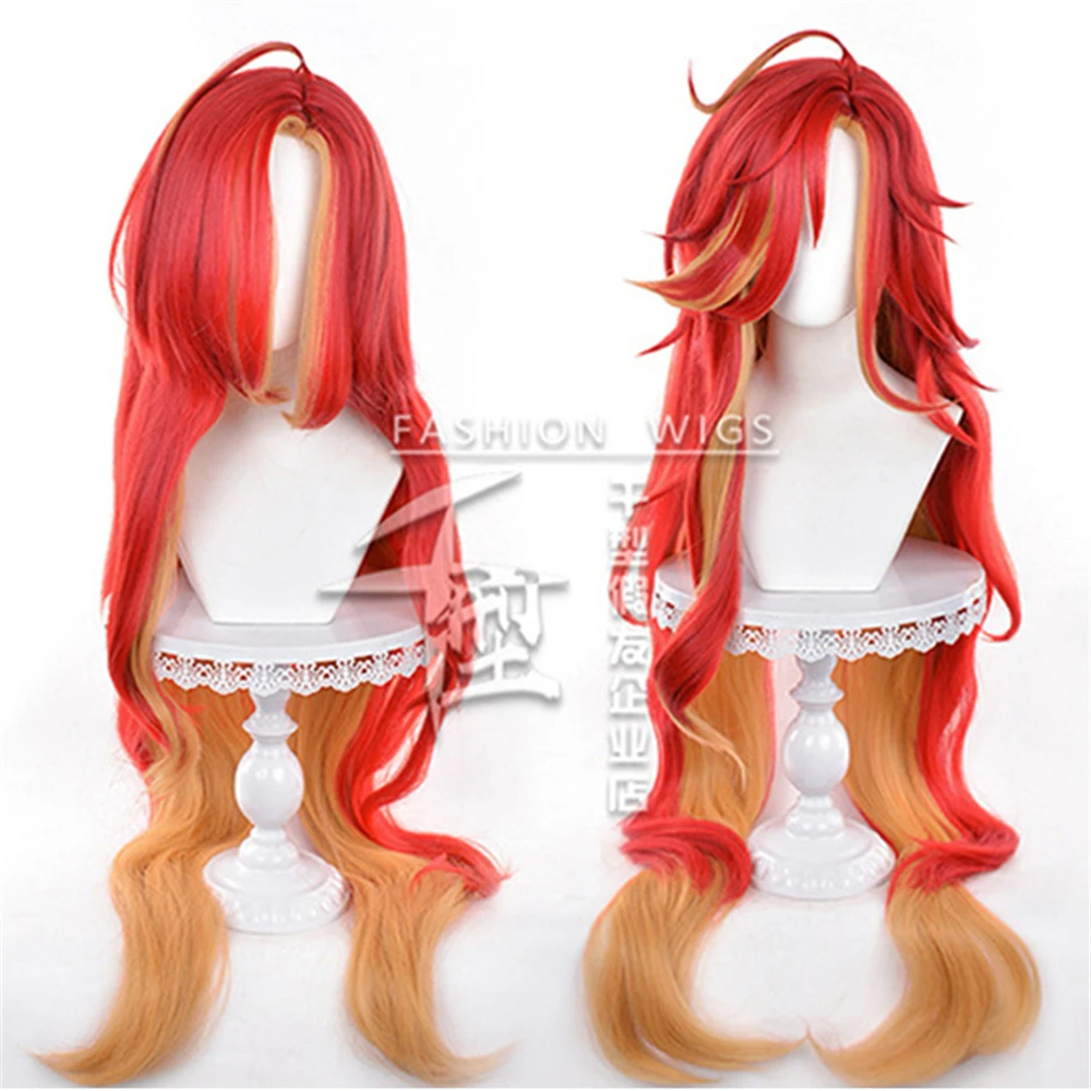 Anime Pyro Archon Mavuika Cosplay Wig 115cm Long Curly Wave Wig Red Yellow Mixed Heat Resistant Synthetic Wigs