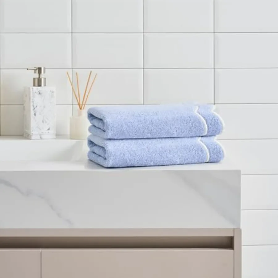 

2 Piece Bath Towel Set for Bathroom: 500 GSM 100 Cotton, Embroidered, Soft Absorbent, Blue with White Scallop