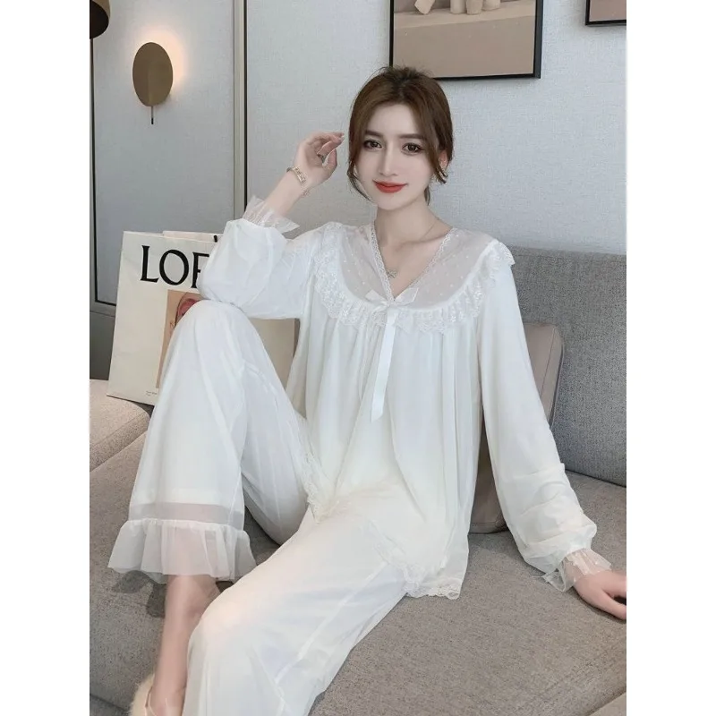 Pajamas Elegance Princess Sweet Lace White. Loungewear Can Worn Outside Sleepwear Spring Autumn Long-sleeved Two-piece Set