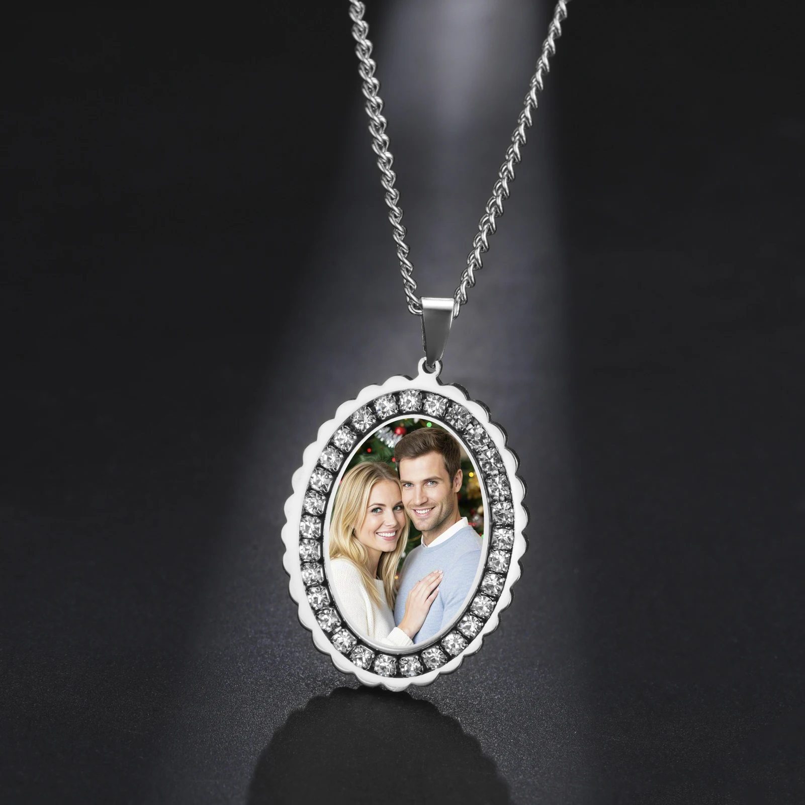 

Multi Colored Diamond Encrusted Oval Photo Necklace Customized Romantic Couples Capturing Moments Happiness Give to Her Or Him